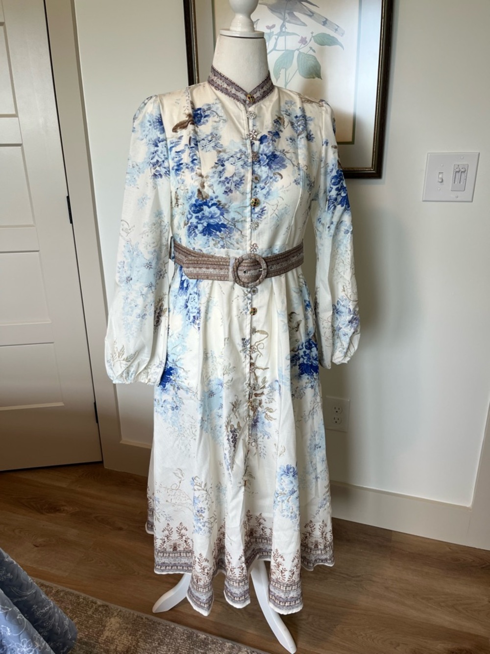 Sunfere:  Ivory and blue floral Maxi Dress with belt.
